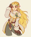  1girl belt blush braid brown_belt brown_gloves brown_pants cropped_legs crown_braid fur_collar gloves hand_on_own_leg hand_up highres jacket leaning_forward long_hair long_sleeves oxcoxa pants parted_bangs princess_zelda simple_background smile the_legend_of_zelda the_legend_of_zelda:_breath_of_the_wild white_jacket winter_clothes 