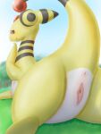  2023 3:4 ampharos anus bedroom_eyes black_stripes blush butt butt_focus clitoris detailed_background digital_media_(artwork) female feral generation_2_pokemon genitals grass head_gem hi_res horn inviting k-dra61 looking_at_viewer looking_back looking_back_at_viewer lying narrowed_eyes nintendo nude on_front open_mouth outside plant pokemon pokemon_(species) presenting presenting_hindquarters presenting_pussy pussy raised_tail rear_view seductive smile solo striped_horn striped_neck stripes tail tail_gem thick_thighs tongue tree urethra white_body yellow_body 