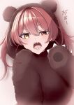  1girl absurdres animal_costume animal_ears bear_costume bear_ears bear_paws blush heterochromia highres hololive houshou_kumarine houshou_marine long_hair looking_at_viewer looking_back mochitaro_(mothitaroo) open_mouth red_eyes red_hair sharp_teeth teeth twintails virtual_youtuber yellow_eyes 