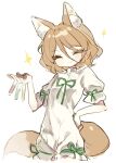  1girl animal_ears blonde_hair closed_eyes closed_mouth fox_ears fox_tail green_ribbon highres holding kudamaki_tsukasa ribbon romper short_hair short_sleeves simple_background solo springarashi02 tail test_tube touhou unfinished_dream_of_all_living_ghost white_background white_romper 