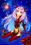  blue_hair blush bodysuit crescent crescent_facial_mark facial_mark fate/grand_order fate_(series) fur_trim highres horns ishtar_(fate) long_hair looking_at_viewer orb pink_hair red_bodysuit sato-pon sitting space space_ishtar_(fate) space_ishtar_(third_ascension)_(fate) 