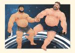  2boys absurdres arm_hair bara big_belly black_shorts bulge chest_hair controller couple dolphin_shorts eye_contact floating foot_hair full_body hahasthund hairy hand_hair highres holding_hands joystick knuckle_hair large_pectorals leg_hair looking_at_another male_focus mature_male multiple_boys muscular muscular_male navel navel_hair nipples original pectorals plump short_hair short_shorts shorts sky space sparse_navel_hair star_(sky) starry_sky stomach thick_eyebrows thick_mustache thick_thighs thighs topless_male yaoi 