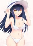  1girl :d absurdres alternate_costume bare_arms bikini black_hair black_hairband blush breasts cameltoe cleavage collarbone commentary_request cowboy_shot curvy eyelashes eyes_visible_through_hair front-tie_bikini_top front-tie_top hair_between_eyes hairband halterneck hands_up hat highres kushima_kamome large_breasts long_hair looking_at_viewer natuiroasu navel open_mouth pink_background side-tie_bikini_bottom sidelocks simple_background smile solo standing stomach straight_hair summer_pockets swimsuit thigh_gap tsurime white_bikini white_headwear yellow_eyes 