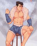  1boy abs absurdres armband avatar_legends bara black_hair blush bolin bulge fur_trim green_eyes highres looking_at_viewer male_focus manlyhand muscular muscular_male nipples pectorals short_hair shorts sitting snowing solo stool the_legend_of_korra thick_thighs thighs 
