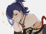  1boy bare_shoulders blue_hair brown_eyes closed_mouth fire_emblem fire_emblem_engage hair_ornament hairclip highres japanese_clothes kagetsu_(fire_emblem) looking_at_viewer medium_hair solo white_background wogesb 
