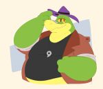  2023 alligator alligatorid anthro belly big_belly brok_(character) brok_the_investigator clothing crocodilian green_body hat headgear headwear hi_res humanoid_hands male overweight overweight_male psycotoons reptile scalie shirt simple_background solo topwear 
