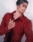  1boy angry aomi_nekosuki black_hair cigarette clenched_teeth collared_shirt eyepatch facial_hair goatee highres holding_tie long_sleeves majima_gorou male_focus mature_male one-eyed red_shirt ryuu_ga_gotoku_(series) shirt short_hair simple_background smoking solo teeth 