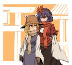  2girls autumn_leaves black_skirt blonde_hair blue_eyes blush breasts brown_gloves brown_headwear brown_scarf commentary_request cowboy_shot dress gloves hair_between_eyes hair_ornament hand_on_another&#039;s_shoulder hat kuri_dora large_breasts layered_sleeves leaf_hair_ornament long_bangs long_skirt long_sleeves looking_at_another looking_to_the_side mirror moriya_suwako multiple_girls open_mouth orange_scarf pinafore_dress purple_dress purple_hair red_eyes red_shirt rope scarf shimenawa shirt short_hair short_over_long_sleeves short_sleeves skirt sleeveless sleeveless_dress small_breasts smile torii touhou v-shaped_eyebrows white_shirt wide_sleeves yasaka_kanako 