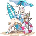  1girl alcohol bare_legs bare_shoulders beach_umbrella bottle bread breasts champagne champagne_bottle champagne_coupe cocktail_dress cup dress drink drinking_glass earrings food hair_ornament high_heels holding holding_cup holding_drink honkai_(series) honkai_impact_3rd jewelry kiana_kaslana kiana_kaslana_(herrscher_of_the_void) legs long_hair official_art ornament purple_hair sand sandwich shoes sitting star_(symbol) starfish summer surfboard third-party_source transparent_background umbrella white_hair wine_glass yellow_eyes 