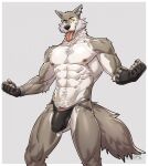  abs amon-sydonai anthro canid canine canis clothed clothing ear_piercing erection fingerless_gloves fist fur genitals gloves grey_body grey_fur handwear hi_res jockstrap jockstrap_only looking_at_viewer male mammal mostly_nude open_mouth penis penis_base piercing solo tenting tongue tongue_out topless underwear underwear_only wendell_(fortnite) wolf yellow_eyes 