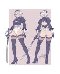  1girl 2b_(nier:automata) artist_name ass ass_focus black_dress black_gloves border breasts cleavage commentary dress fruitisa gloves hairband high_heels highres katana looking_at_viewer nier:automata nier_(series) short_hair simple_background solo sword weapon white_border 