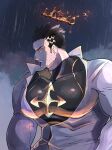  1boy bara black_bodysuit black_hair bodysuit closed_mouth collared_shirt facial_hair flaming_halo halo highres large_pectorals male_focus muscular muscular_male outdoors pectorals rain satou_shouhei shirt short_hair solo tokyo_afterschool_summoners upper_body water_drop white_shirt zabaniyya_(housamo) 