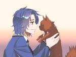  1boy animal ascot black_ascot blue_hair blue_jacket brown_cat cat chesed_(project_moon) closed_mouth collared_shirt commentary_request gradient_background highres holding holding_animal holding_cat jacket ktsis lobotomy_corporation long_sleeves male_focus project_moon shirt short_hair smile white_hair yellow_eyes 