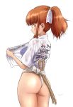  1girl absurdres ass blush breasts brown_eyes brown_hair closed_mouth from_behind fundoshi girls_und_panzer hair_ribbon highres hiyama_yuu_(wee259hiyama) japanese_clothes large_breasts looking_at_viewer looking_back ponytail ribbon simple_background solo sweat takebe_saori white_background yamakasa 