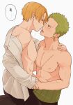  2boys abs black_pants blonde_hair blush collarbone earrings eye_contact facial_hair green_hair highres ice ice_cube imminent_kiss iqracha jewelry looking_at_another male_focus multiple_boys nipples one_piece open_clothes open_mouth pants pectorals roronoa_zoro sanji_(one_piece) scar scar_on_chest shirt short_hair sitting sitting_on_person sweat toned toned_male tongue tongue_out topless_male white_background white_shirt yaoi 