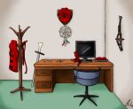 2013 aemi ambiguous_gender anthro black_body black_skin chair clothes_hanger death decapitation desk dice digital_drawing_(artwork) digital_media_(artwork) doll dreamcatcher furniture furx_(character) inside lizard melee_weapon red_body red_skin reptile scalie severed_head signature solo sword table taxidermy weapon 