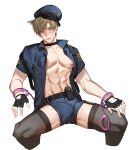  1boy abs animal_ears belt black_thighhighs blonde_hair blue_eyes blue_shorts blush bulge cat_boy cat_ears cuffs fingerless_gloves flustered garter_straps gloves handcuffs hat highres invisible_chair jujeop large_pectorals leon_s._kennedy male_focus muscular navel nipples open_clothes open_shirt parted_lips pectorals police police_hat police_uniform resident_evil short_hair short_shorts shorts sitting solo spread_legs sweat thighhighs uniform white_background 