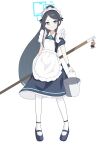  1girl 2000g0ld <key>_(robot)_(blue_archive) absurdres apron aqua_halo aris_(blue_archive) aris_(maid)_(blue_archive) black_hair blue_archive blue_eyes broom bucket dress frilled_apron frilled_dress frills full_body halo highres holding holding_broom holding_bucket long_hair looking_at_viewer maid maid_apron maid_headdress official_alternate_costume pantyhose ponytail short_sleeves simple_background solo standing white_background white_pantyhose 