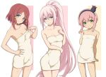  3girls blue_eyes blush braid breasts clenched_hand closed_mouth collarbone commentary cowboy_shot green_eyes hair_between_eyes hair_tubes hairband hand_on_own_hip head_tilt kiikii_(kitsukedokoro) long_hair looking_at_viewer multicolored_background multiple_girls naked_towel pasca_kanonno pink_hair red_hair rose_(tales) shionne_(tales) small_breasts smile standing tales_of_(series) tales_of_arise tales_of_the_world_radiant_mythology_2 tales_of_zestiria towel twin_braids very_long_hair 