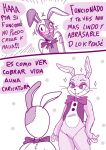  anthro blush bow_accessory buckteeth clothing comic dialogue duo female five_nights_at_freddy&#039;s glitchtrap happy lagomorph leporid male mammal rabbit renita_reed scottgames scut_tail short_tail simple_background smile spanish_text speech_bubble sweater tail teeth text topwear vanny_(fnaf) whiskers white_background 