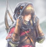  bangs black_hood blue_eyes bow_(weapon) fingerless_gloves gauntlets gloves highres hood hood_up hylian_set_(zelda) la-sera light_brown_hair link rain red_tunic short_hair sidelocks sword sword_on_back the_legend_of_zelda the_legend_of_zelda:_breath_of_the_wild weapon weapon_on_back 