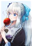  1girl blue_background blue_bow blue_flower blue_hair blue_nails blush border bow braid candy_apple commentary_request fate/grand_order fate_(series) flower food grey_hair hair_bow hair_flower hair_ornament haori highres holding holding_food japanese_clothes long_hair morgan_le_fay_(fate) musical_note obi official_alternate_costume outside_border ponytail re_re9315 sash sidelocks simple_background single_braid solo tongue tongue_out twitter_username very_long_hair white_border 