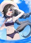  1girl agaki_anko alternate_hairstyle animal_ears arm_up bikini black_bikini black_bow black_bowtie black_hair blue_sky bow bow_bikini bowtie braid breasts cloud cloudy_sky cowboy_shot day frilled_bikini frills hat highres horse_ears horse_girl horse_tail long_hair looking_at_viewer low_twin_braids navel open_mouth outdoors purple_eyes rice_shower_(umamusume) sky small_breasts smile solo standing sun_hat swimsuit tail thigh_gap twin_braids umamusume wading water white_headwear wind 