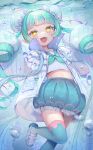  1girl :d blunt_bangs blush bubble_skirt bun_cover commentary_request double_bun fang flower-shaped_pupils frilled_jacket frilled_skirt frills gaogao_(gaogaomegu) green_hair green_neckerchief green_sailor_collar grey_thighhighs hair_bun hands_up highres jacket jellyfish_hair_ornament loafers long_hair looking_at_viewer miniskirt multicolored_hair neckerchief open_clothes open_jacket open_mouth original oversized_clothes pointy_ears sailor_collar sailor_shirt shirt shoes short_hair_with_long_locks skin_fang skirt sleeves_past_fingers sleeves_past_wrists smile solo streaked_hair symbol-shaped_pupils thighhighs underwater w_arms white_footwear white_jacket yellow_eyes zettai_ryouiki 