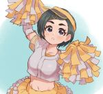  1girl arm_up black_hair blush collarbone commentary_request copyright_request crop_top frilled_skirt frills grey_eyes hair_ornament hairclip jacket layered_skirt looking_at_viewer midriff navel pom_pom_(cheerleading) reiesu_(reis) shirt short_eyebrows short_hair short_sleeves skirt smile solo swept_bangs thick_eyebrows visor_cap white_jacket x_hair_ornament yellow_headwear yellow_shirt yellow_skirt 