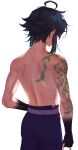  1boy absurdres annidrw arm_tattoo back black_hair genshin_impact green_hair highres male_focus multicolored_hair pants scar scar_on_back scar_on_neck solo tattoo topless_male xiao_(genshin_impact) 