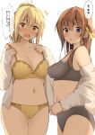  2girls ahoge arihara_tsubasa bare_shoulders black_panties black_sports_bra blonde_hair blue_eyes blush bra breasts brown_hair cameltoe chestnut_mouth cinderella_series cleavage collarbone commission cowboy_shot embarrassed hachigatsu_no_cinderella_nine hair_bun hair_ribbon highres long_hair long_sleeves medium_breasts multiple_girls navel nose_blush notice_lines off_shoulder open_clothes open_mouth open_shirt orange_eyes panties pixiv_commission ponytail ribbon shirt simple_background single_side_bun sleeves_past_wrists speech_bubble sports_bra stomach translation_request underwear undressing white_background white_shirt winter_(winterinkoakuma) yellow_bra yellow_panties yellow_ribbon 