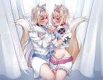  2girls 85neko absurdres after_kiss animal_ear_fluff animal_ears bandaid bandaid_hair_ornament belt blonde_hair blue_belt blue_eyes blue_hair blue_nails blush breasts fake_horns fuwawa_abyssgard hair_ornament hairclip headphones headphones_around_neck highres holding_hands hololive hololive_english horns incest long_hair mococo_abyssgard multicolored_hair multiple_girls parted_lips pink_belt pink_eyes pink_hair pink_nails saliva saliva_trail short_hair siblings streaked_hair tail tongue tongue_out twincest twins virtual_youtuber yuri 