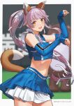  1girl alternate_costume animal_ears blue_shirt blue_skirt bokukawauso brown_eyes cheerleader cowboy_shot crop_top detached_sleeves fox_ears fox_tail hair_ribbon hokkaido_nippon-ham_fighters kantai_collection kitsune_dance layered_skirt long_hair mascot nippon_professional_baseball otter paw_pose pink_hair ponytail ribbon shirt skirt sleeveless sleeveless_shirt solo tail tantaka yura_(kancolle) 