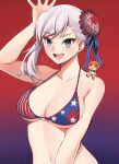  2girls :d ahoge american_flag_bikini bikini breasts bun_cover chibi cosplay fate/grand_order fate_(series) flag_print fujimaru_ritsuka_(female) hair_bun highres kuronami616 looking_at_viewer miyamoto_musashi_(fate) miyamoto_musashi_(swimsuit_berserker)_(second_ascension)_(fate) miyamoto_musashi_(swimsuit_berserker)_(second_ascension)_(fate)_(cosplay) multiple_girls navel single_side_bun smile swept_bangs swimsuit 