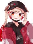  1girl :p absurdres animal_ears badge baseball_cap black_headwear black_hoodie blonde_hair blush brown_nails button_badge buttons chukachuka closed_mouth commentary_request dog_ears dog_girl ears_through_headwear fingernails hat heart_pin highres hood hood_down hoodie jacket long_hair long_sleeves looking_at_viewer medium_bangs nanashi_inc. open_clothes open_jacket orange_eyes red_eyes red_jacket seshima_rui simple_background smile solo tongue tongue_out transparent_background twintails upper_body v virtual_youtuber 