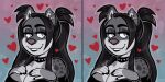  &lt;3 animated anthro black_hair canid canine canis collar domestic_dog domino_(cadaverrdog) ear_piercing ear_ring facial_piercing fangs female fleetwoodbrak fur grey_body grey_fur grey_spots grin hair half-closed_eyes hi_res long_hair mammal markings mixed_breed multicolored_body multicolored_fur narrowed_eyes nonbinary_(lore) nose_piercing nose_ring piercing pigtails pomsky ring_piercing simple_background smile solo spots spotted_body spotted_fur spotted_markings studded_bracelet studded_collar teeth two_tone_body two_tone_fur 
