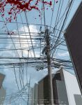  blood blood_splatter blue_sky brutal_vap building city cloud day from_below highres no_humans original outdoors power_lines sky still_life too_many transformer utility_pole 