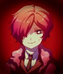  1girl absurdres blood blood_on_face brown_necktie collared_shirt commentary_request e.g.o_(project_moon) employee_(lobotomy_corporation) gradient_hair highres hinamikan jacket lobotomy_corporation looking_at_viewer multicolored_hair necktie open_clothes open_jacket orange_hair pink_hair pink_jacket portrait project_moon red_background red_vest shirt smile solo sparkling_eyes vest white_shirt 