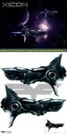  absurdres battleship_(eve_online) commentary concept_art diagonal_stripes eve_online flying from_side glowing highres imonedesign nebula no_humans original outdoors planet science_fiction sky spacecraft star_(sky) starry_sky striped thrusters vehicle_focus 