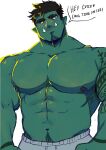  1boy arms_at_sides bara beard blue_eyes blush colored_skin cowboy_shot english_text eyebrow_cut facial_hair goatee_stubble green_skin head_tilt highres huge_pectorals looking_at_viewer male_focus mature_male monster_boy muscular muscular_male nipples orc original pants rusl_(ruslorc) ruslorc short_hair solo speech_bubble thick_eyebrows topless_male track_pants tusks 