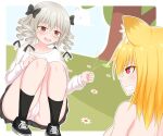  2girls animal_ear_fluff animal_ears black-framed_eyewear black_bow black_footwear black_shirt black_skirt black_socks blonde_hair blush border bow breasts cameltoe cattail chicken_tatsumaki_curry clenched_teeth commentary_request cookie_(touhou) drill_hair flower fox_ears fox_girl full_body glasses hair_between_eyes highres large_breasts looking_at_another luna_child medium_bangs medium_hair miniskirt miramikaru_riran multiple_girls open_mouth panties plant quad_drills red_eyes riran_youkyu shirt shoes skirt smile sneakers socks teeth touhou tree underwear upper_body white_border white_flower white_panties 