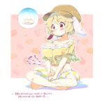  1girl animal_ears baozi barefoot blonde_hair blush breasts brown_headwear cleavage closed_mouth commentary flat_cap floppy_ears food food-themed_background full_body groin hat hungry indian_style large_breasts navel pink_background rabbit_ears red_eyes ringo_(touhou) short_hair short_sleeves shorts sitting solo striped striped_shorts sweatdrop symbol-only_commentary tanasuke thought_bubble touhou translation_request vertical-striped_shorts vertical_stripes yellow_shorts 