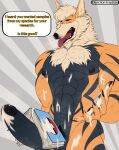  abs anthro arcanine armpit_hair aroused_smile barazoku big_penis black_glans black_gums black_nipples bodily_fluids body_hair book canid canine canis cum cum_drip cum_on_body cum_on_chest cum_on_hand cum_on_object cum_on_self depictionexpress dialogue dripping english_text erection facial_hair fur generation_1_pokemon genital_fluids genitals glans hi_res male mammal markings mole_(marking) multicolored_body multicolored_fur muscular muscular_anthro muscular_male musk_clouds nintendo nipples object_on_penis pattern_background penis pokeball_print pokemon pokemon_(species) pubes simple_background solo solo_focus speech_bubble striped_body striped_fur stripes text whiskers yellow_text 