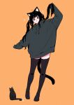  1girl :d ahoge alternate_hairstyle animal_ear_fluff animal_ears arm_up black_cat black_eyes black_hair black_thighhighs blush blush_stickers bright_pupils cat cat_ears cat_girl cat_tail grey_hoodie hand_in_own_hair heel_up highres holding holding_hair hood hoodie megateru nose_blush open_mouth orange_background original oversized_clothes ribbon sleeves_past_wrists smile solo tail thighhighs twintails white_pupils white_ribbon 