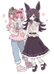  2girls animal_ears bag black_footwear black_hair black_skirt blouse blue_pants bobby_socks brown_shirt casual chocolate_banana commentary cotton_candy denim ear_covers ear_ribbon eating food hair_intakes haru_urara_(umamusume) headband highres holding holding_bag holding_food horse_ears horse_girl jeans long_hair looking_at_viewer mary_janes mask mask_on_head medium_skirt multiple_girls pants pink_eyes pink_footwear pink_shirt ponytail purple_eyes red_headband ri_(qrcode) rice_shower_(umamusume) shirt shoes short_sleeves simple_background skirt sleeveless sleeveless_shirt sneakers socks standing umamusume white_background white_socks 