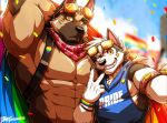 2boys abs arm_behind_head armpits backpack bag bara bare_pectorals brown_fur celebration confetti dog_boy drks expressionless flag furry furry_male grin holding holding_flag hood hood_down hoodie large_pectorals lgbt_pride long_hair looking_at_viewer male_focus merchandise multiple_boys muscular muscular_male nipple_slip nipples one_eye_closed original pectorals ponytail pride_month rainbow_flag rainbow_flag_tattoo scarf short_hair sidepec sleeveless sleeveless_hoodie smile stomach upper_body v 