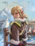  1boy artist_name bird blonde_hair blue_eyes brown_coat coat dated dragon fur-trimmed_coat fur_trim hair_ribbon highres link looking_at_viewer low_ponytail male_focus mountain nuavic outdoors parted_lips pointy_ears ribbon sidelocks snow solo the_legend_of_zelda the_legend_of_zelda:_tears_of_the_kingdom winter winter_clothes 