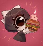  1girl black_dress black_eyes black_hair bow burger candle cheese colored_skin commentary_request cropped_torso cyclops dress food hair_bow highres holding holding_food lettuce one-eyed original red_background solo tomato white_skin zombiemiso 