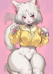  2020 5_fingers anthro blush bottomless bottomless_anthro bottomless_female breasts claws clothed clothing cropped_hoodie cute_fangs digital_media_(artwork) domestic_cat felid feline felis female female_anthro finger_claws fingers fur hair hi_res hoodie kemono kneeling looking_at_viewer mammal paw_pose pawpads pose robo_(robosylveon) sketch solo suurin_2 tail thick_thighs topwear wide_hips 