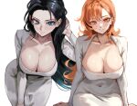  2girls asymmetrical_bangs black_hair blue_eyes breasts cleavage closed_mouth dongtan_dress dress earrings hand_in_own_hair hand_on_own_thigh highres huge_breasts jewelry leaning_forward long_hair looking_at_viewer meme_attire multiple_girls nami_(one_piece) nico_robin one_piece open_mouth orange_eyes orange_hair pearl_earrings simple_background sitting vcais white_dress 